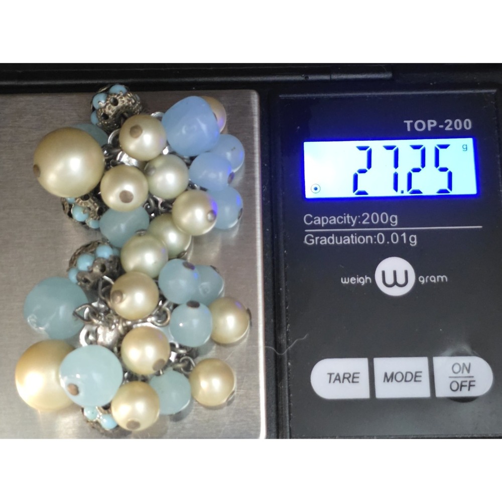 VTG DeMario NY Clip On Cha Cha Earrings Blue Glass Beads Filigree Silver Tone - Picture 11 of 13